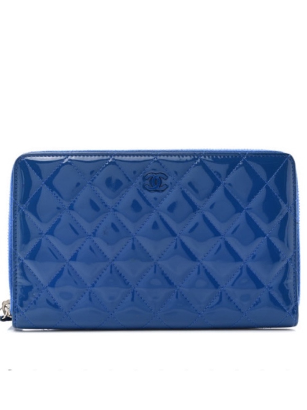 Large CHANEL Quilted Patent Leather Zip Wallet - Royal Blue